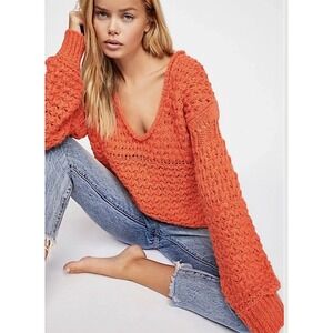Free People Crashing Waves Chunky Knit Deep V Neck Sweater Coral Small Boho Cozy